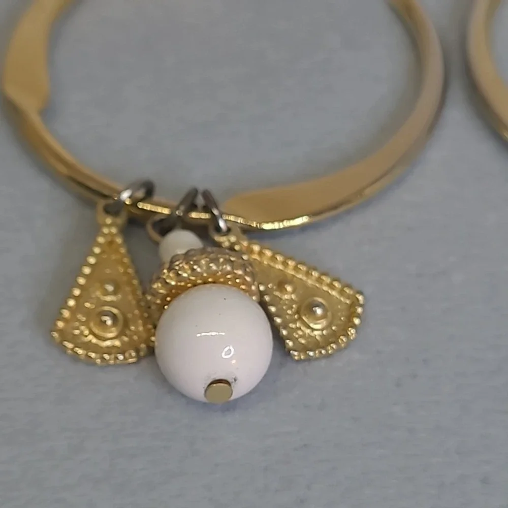 Vintage Hoop Earrings Woman Gold Tone White Bead Dangle Charms Boho Statement